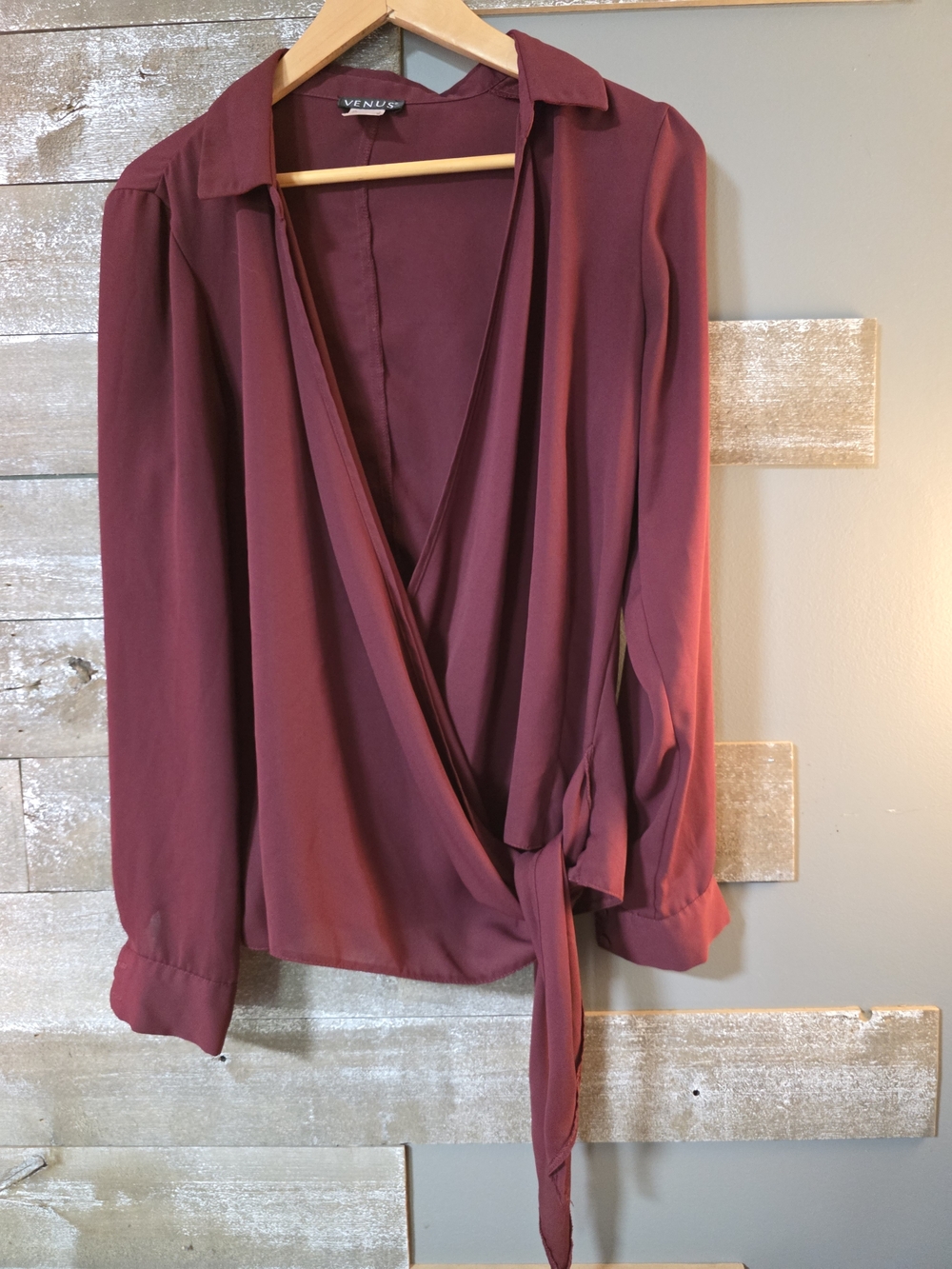 VENUS Wine Wrap Blouse - Long Sleeve Tie-Front Top